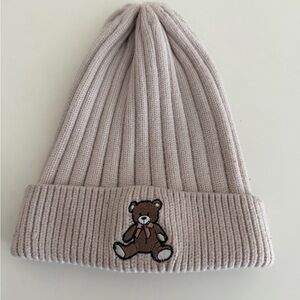 Adorable Light Pink Knit Beanie with Teddy Bear Patch